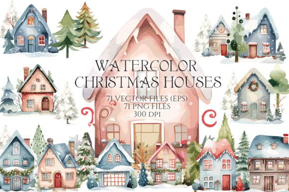 Download Watercolor Christmas Houses and Trees - Christmas Collection